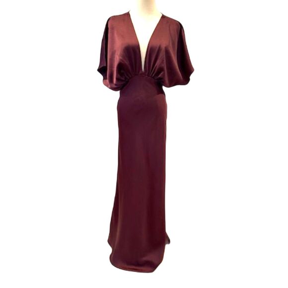 BHLDN Anthropologie Leila Dress Gown Satin Deep V Chocolate Size 2 - Picture 4 of 11